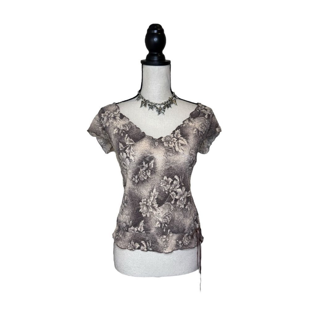 Drea My Mind Floral Lace Ruffle Sheer Taupe Top Size Medium